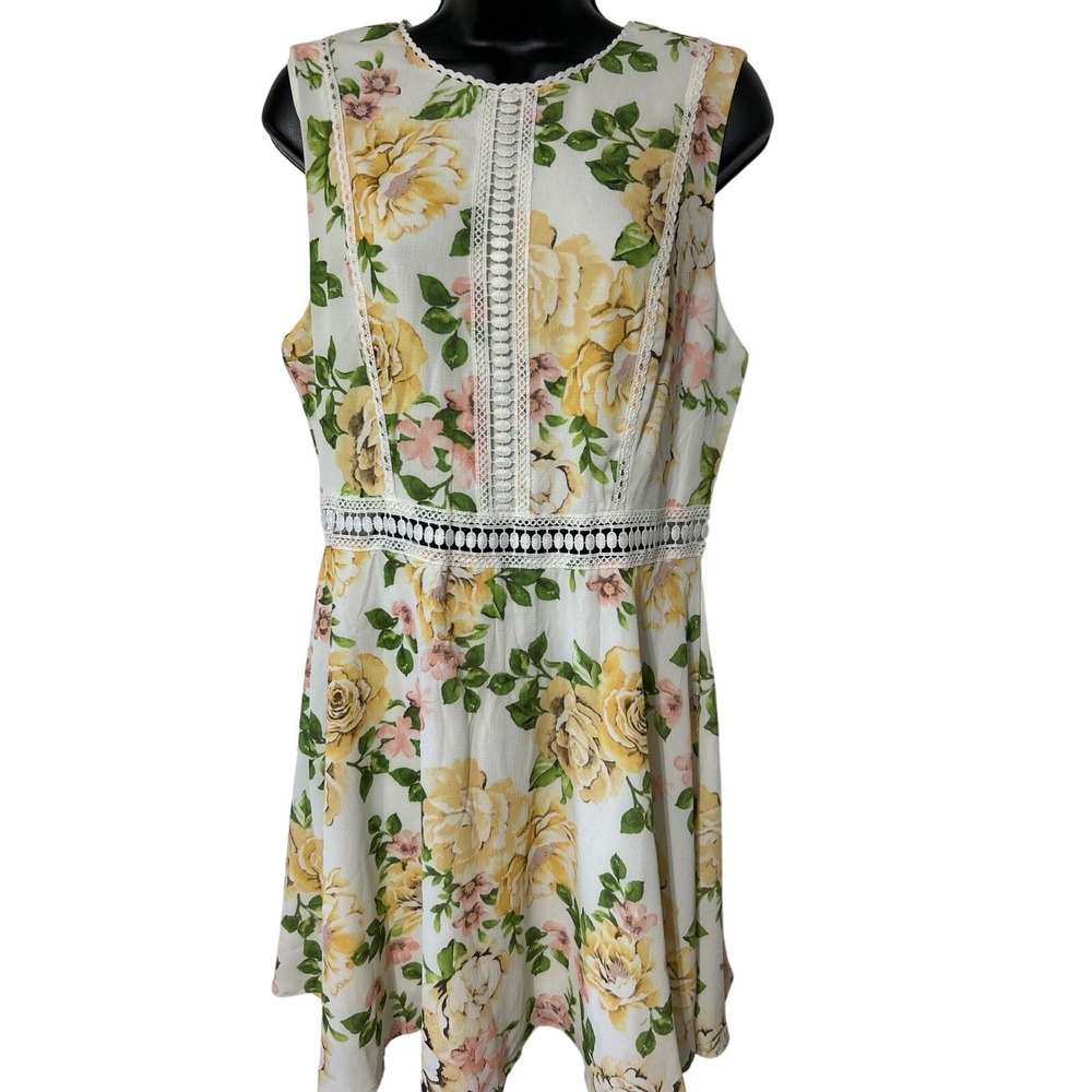 Disney Princess‎ Women's Floral Print Sleeveless Dress Lace Trim Casual Yellow L